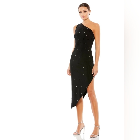 Ieena for Mac Duggal, Rhinestone One Shoulder Midi Dress, Black,‎ Size 4, NWT - Picture 1 of 12